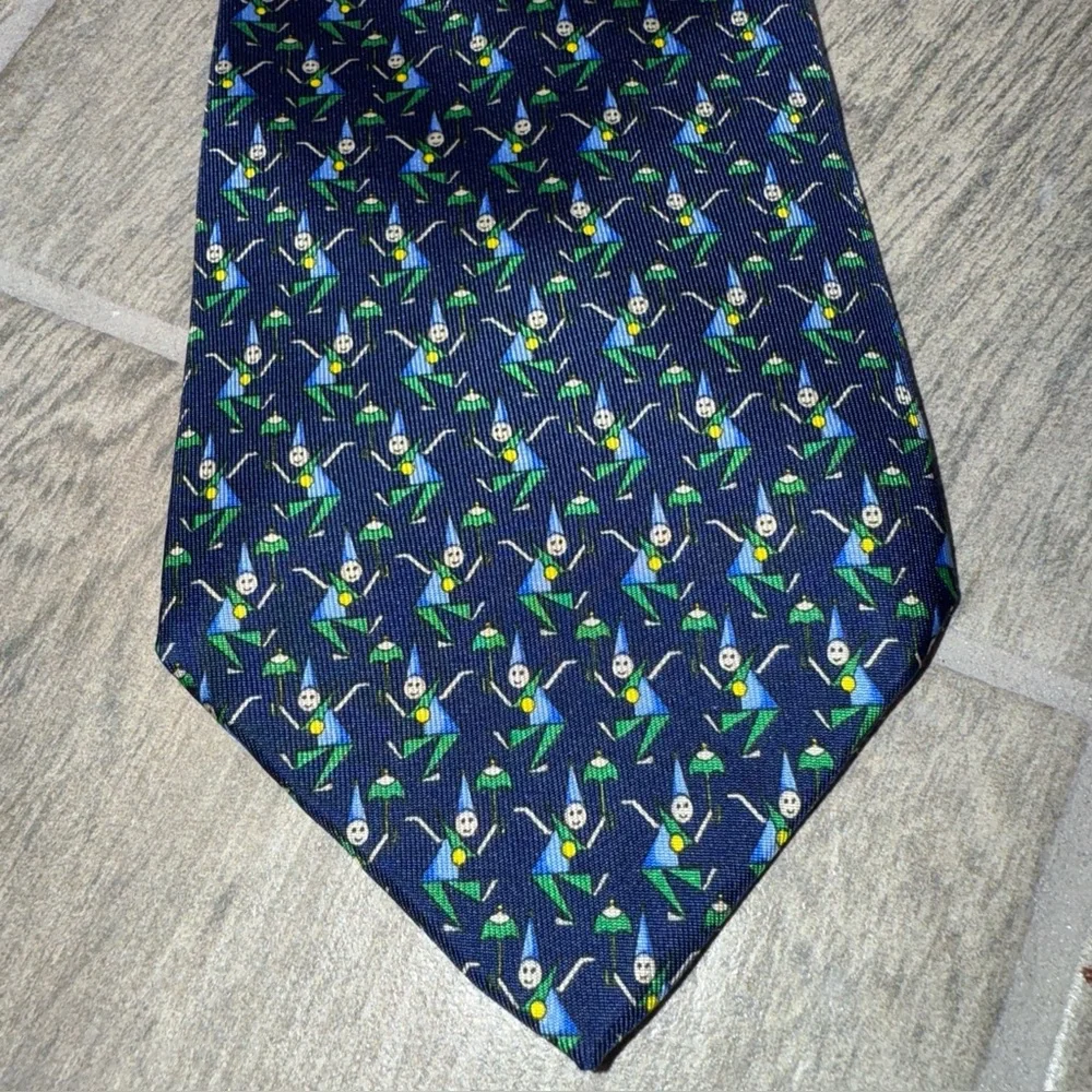 Salvatore Ferragamo Silk Tie Navy Whimsical‎ Gnome Elf Umbrella Print Novelty